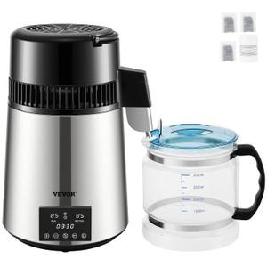 VEVOR Water Distiller, 304 Stainless Steel Countertop Water Stiller, 0.3Gal/H, 0-99H Timing Dual Temp Display, 1.1Gal Distilled Water Maker Machine, Glass Carafe, 3 Carbon Bags, Citric Acid Powder