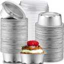 Eaasty 150 Pcs Baking Cups with Lids, 1.6 oz Muffin Cupcake Liners Aluminum Foil Mini Cake Pans Small Disposable Ramekins Flan Containers with Lids for Christmas, Birthday, Various Holiday(Silver)