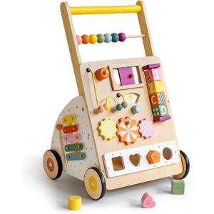 Wooden Baby Walker with Activity Center – Montessori Push Walker Toys for Boys & Girls 18 Months+ – Educational Toddler Learning Walker with 10-in-1 Sensory Games
