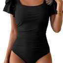 Eomenie Women's Tummy Control One Piece Swimsuit Ruffle Square Neck Bathing Suit Ruched Cutout Back Slimming Swimwear Medium