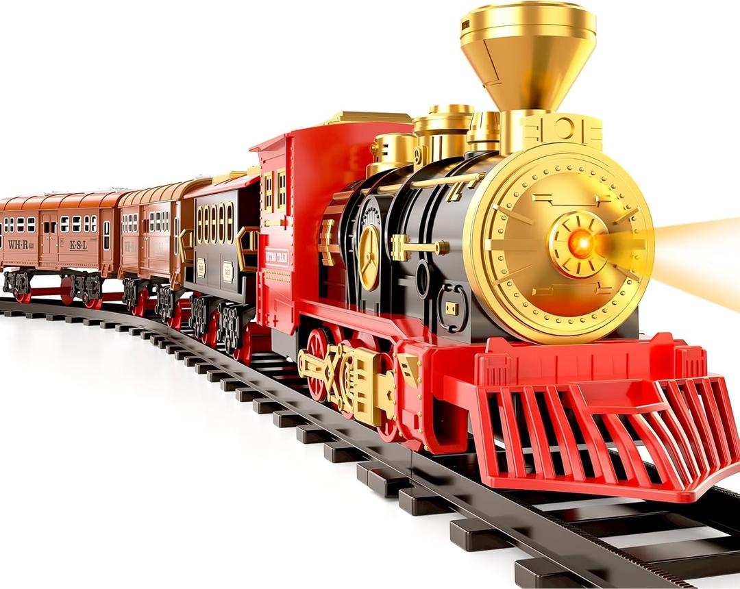 TEMI Train Set for Kids Toddlers 3-5, Train with Steam Engine, Cargo Car and Long Track, Rechargeable Battery Play Red Train Toys with Smoke, Light & Sounds, Gift for Boys & Girls 4-7 Years (Red-medium Size)