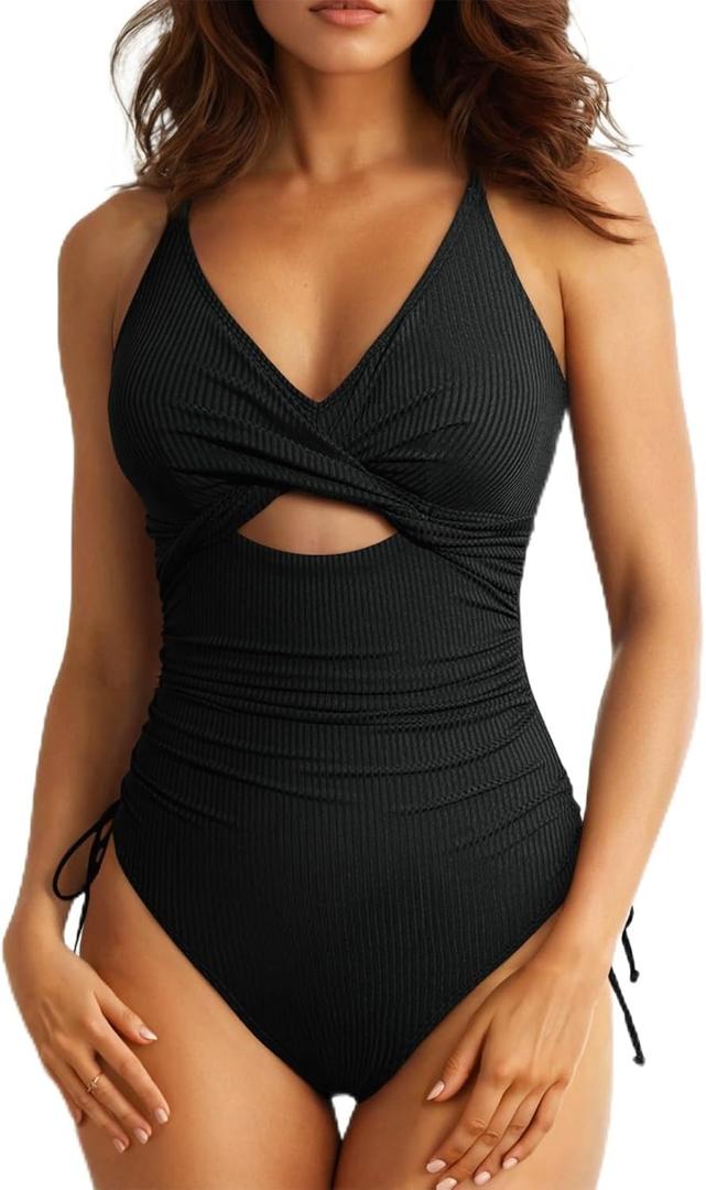 Aleumdr Women's Ribbed One Piece Swimsuit Tummy Control High Cut Bathing Suit Sexy V Neck Criss Cross Monikini (Large, Black)