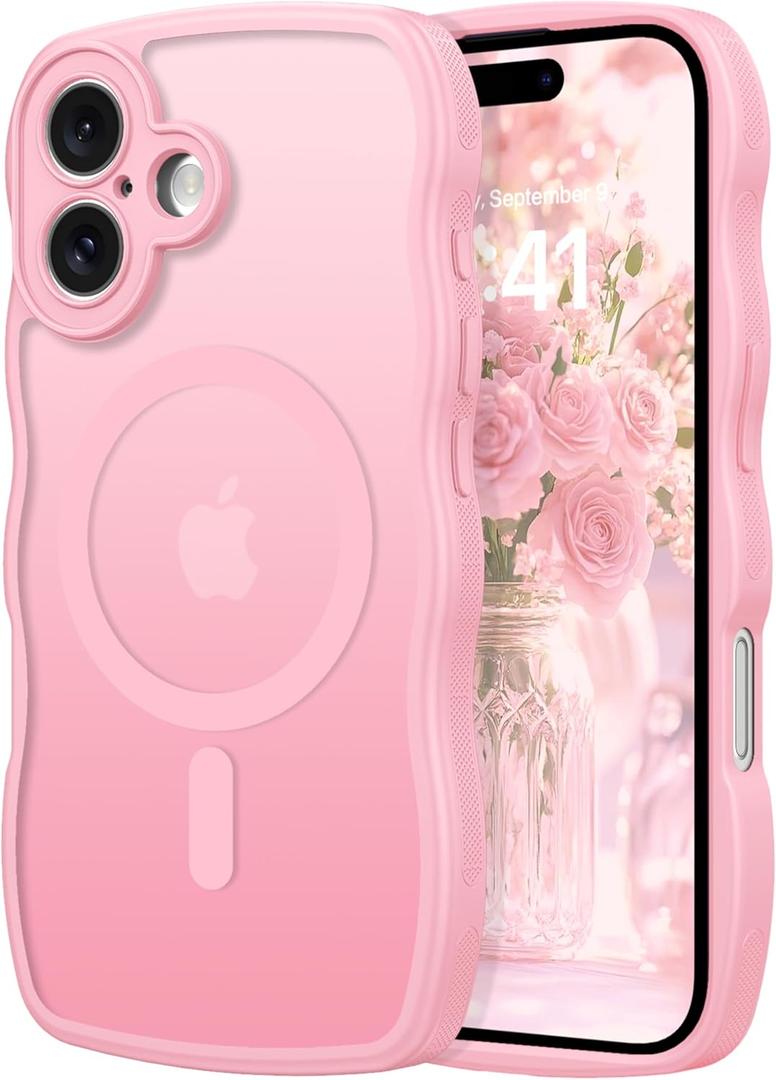 for iPhone 16 Case with MagSafe, Upgraded [Full Camera Protection] [Fit for MagSafe] [Mil-Grade Drop] Cute Wave Translucent Non-Slip Phone Case for iPhone 16 6.1",Pink