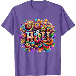 Happy Holi Festival Outfit For Women Kids Men Family T-Shirt, (Large, Purple Heather)