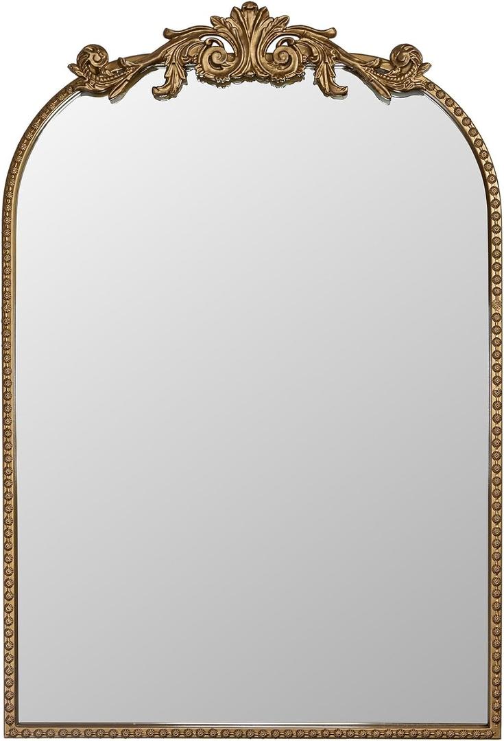 20″ x 30″ Wall Mount Baroque Arched Mirror, Antique Gold Metal Frame Real Glass Vintage Mirror with Decorative Crest for Bathroom Vanity, Entryway, Mantel