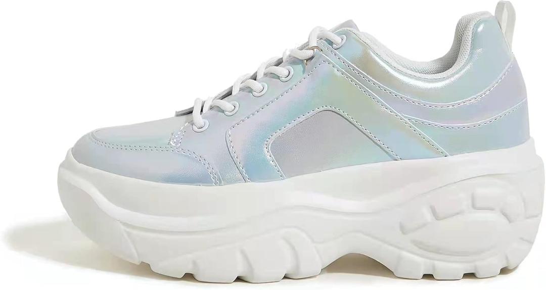 LUCKY STEP Women Chunky Platform Dad Colorblock White Neon Green Fuchsia Hologram Silver Casual Lace-Up Walking Sneakers (8.5)