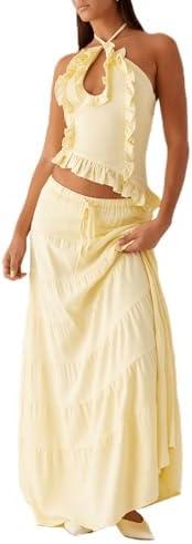 Womens 2 Piece Maxi Skirt Set Y2k Halter Ruched Cami Top Tiered Flowy Ruffle Skirt 2025 Summer Beach Outfits