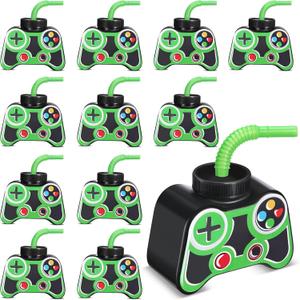 Mifoci 12 Pcs Plastic Video Game Party Cups with Straw and Lid 10oz Gamer Birthday Themed Drink Cups 7th Video Game Party Favors for Kids Toddlers Gamer Birthday Supplies (Green)