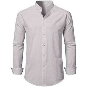 DELCARINO Mens Linen Band Collar Beach Shirts Casual Button Down Solid Plain Long Sleeve Hawaiian Shirts M