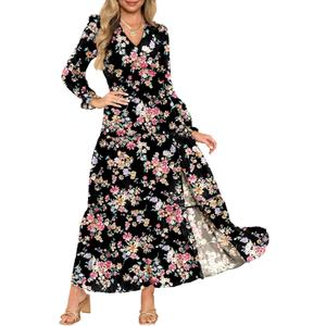 Dokotoo Women's Boho Maxi Dress Sexy V Neck Puff Long Sleeve Ruffle A-Line Split Swing Chiffon Dresses, M