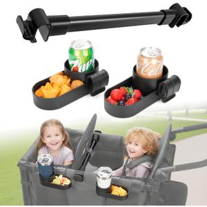 Forward-Facing Support Bar + 2-Pack Stroller Wagon Snack Tray with Spill-Proof Cup Holders - Wonderfold Accessories Compatible with WONDERFOLD W2 Elite/Luxe 2-Seater Wagons, Detachable & Easy Install