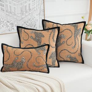 Premium Series, Snow Leopard Throw Pillow Covers, Animal Jacquard Cushion Cases for Home Decor, Chenille Velvet Double-Sided Designs, Brown Yellow, 18 x 18 inch, Covers Only