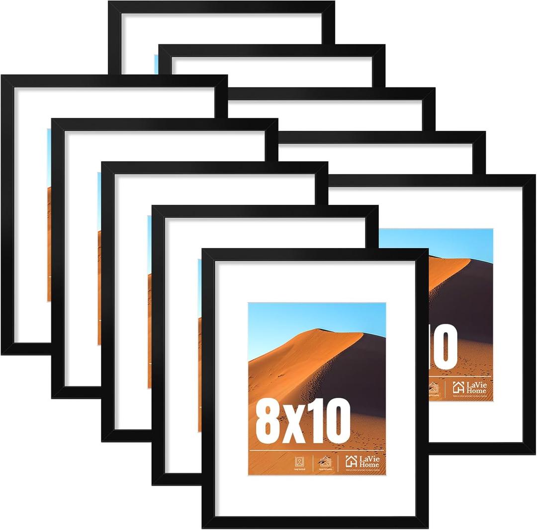 LaVie Home 8x10 Picture Frame Black Set of 10, Display 5x7 with Mat or 8 x 10 Without Mat Picture, Photo Frame Collage for Wall Gallery or Table Deco, Hanging or Tabletop Display