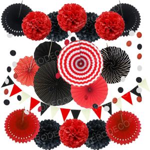 ZERODECO Party Decoration, 21 Pcs Black and Red Hanging Paper Fans Pom Poms Flowers, Garlands String Polka Dot and Triangle Bunting Flags for Minnie Mouse Birthday Parties Baby Showers Wedding
