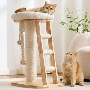 Modern Cat Tree Small Tower with Scratching Post for Indoor, 28inch Solid Wood Corner Cat Tree Tower with Bed, Cat Climbing Ladder, Dangling Ball,Interactive Rope,Scratching Post