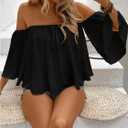 SweatyRocks Women's Sexy Cute Off Shoulder Ruffle Hem Flowy Chiffon Blouses Top (Black, XL)