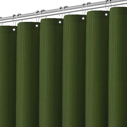 PANGSINNE Deep Green Shower Curtain - Waffle Weave Fabric Heavy Duty Shower Curtain for Bathroom, Water Repellent Weighted 256GSM Hotel Quality Machine Washable Bath Curtains with 12 Hooks, 72Wx72H