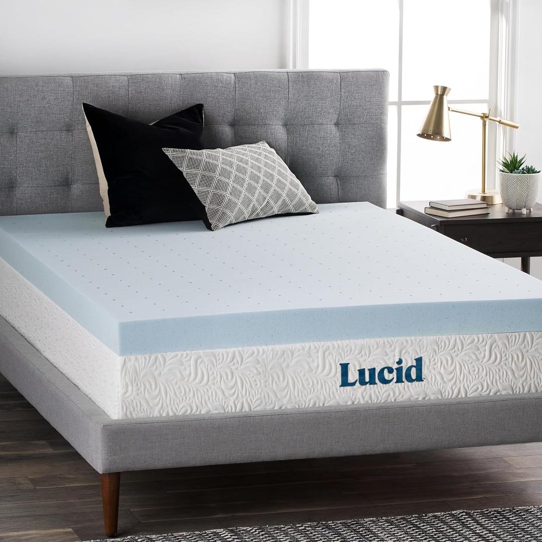 LUCID 4 Inch Gel Memory Foam Mattress Topper, Ventilated Design, Ultra Plush, CertiPUR-US Certified, King, Blue (King)