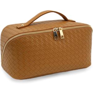 Travel Makeup Bag  Large Cosmetic Organizer with Waterproof PU Leather, Smooth Double Zipper & Tear-Resistant Lining, Toiletry Pouch for Women (Caramel)