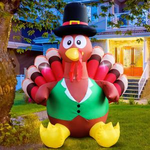 4.2Ft Inflatable Turkey with Built-in LED Lights for Thanksgiving Outdoor Decorations Blow Up Turkey with Pilgrim Hat and Colorful Tail Ideal for Lawn Yard Garden Party House Holiday Decor