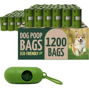 Reli. Biodegradable Dog Poop Bags w/Holder (1200 Count - 80 Rolls Bulk) | Leash Clip Dispenser | 9x13" Large Dog Bags for Poop | Green Eco-Friendly Oxobiodegradable Waste Disposal Refills (Unscented)