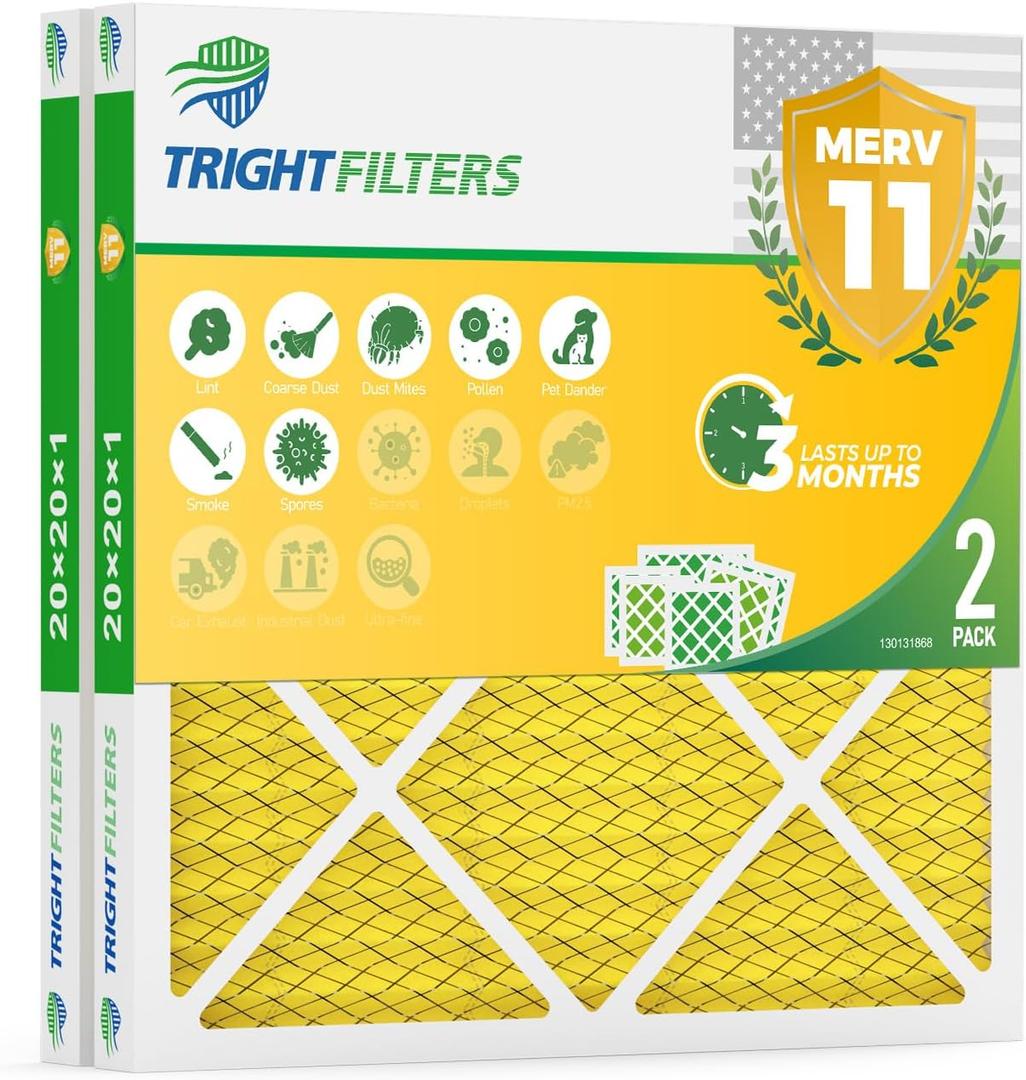 TRIGHTFILTERS 20x20x1 Air Filter MERV 11 HVAC Furnace Filter Pleated 2 Pack