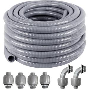 1-1/4inch 50FT Electrical Conduit Kit,Liquid-Tight Conduit and Connector Kit with 4 Straight and 2 Angle Fittings Included,Flexible Non Metallic Liquid - Tight Conduit(1-1/4" Dia,50 Feet)