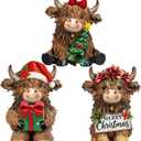 3 Pcs Christmas Highland Cow Figurines Decor Cow Gnomes with Santa Hat Christmas Resin Statue Calf Lovers Gifts for Farmhouse Home Garden Bathroom Kitchen Office Tiered Tray Table Decor