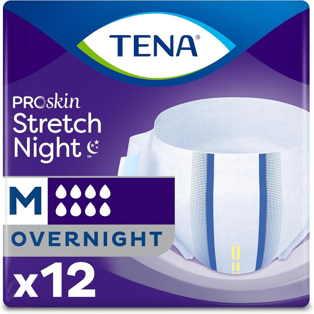 Tena ProSkin Overnight Incontinence Adult Diaper for Women & Men, Stretch, Brief, Medium, 12 Count