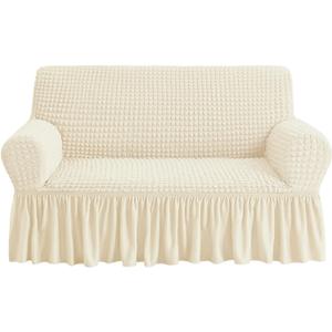 NICEEC Loveseat Slipcover Beige Loveseat Cover 1 Piece Easy Fitted Sofa Couch Cover Universal High Stretch Durable Furniture Protector Love Seat with Skirt Country Style (2 Seater Beige) (Medium)