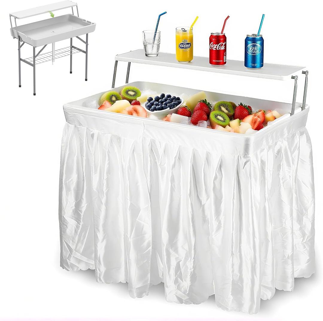 LHBcraft Folding Party Ice Cooler Table with Extra Storage Shelf, Portable Tailgate Camp Fishing Cleaning Table, Ice Cooler with Removable Skirt & Drain Hose, Cooler for Camping, Picnic,BBQ, White, 40 inches x 22 inches x 32.5 inches
