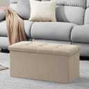YOUDENOVA 30 inches Folding Storage Ottoman, Ottoman with Footrest Seat Support 350lbs, Storage Bench for Living Room Bedroom, Linen Fabric Beige, 15"D x 30"W x 15"H