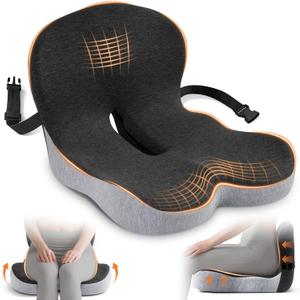 Seat Cushion, Office Chair Cushions for Tailbone Relief, Seat Cushions for Office Chair with L-Shaped Ergonomic Design & Adjustable Strap, Memory Foam Chair Cushion for Long Sitting Worker(Black Gray)