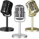 3 Pcs Retro Microphone Props Vintage Microphone Toy Prop with Stand Model Plastic Fake Microphone Antique Prop Mic for Party Role Play Stage Table Decorations, 6.5 x 3.15 x 3.15 Inch, 3 Colors