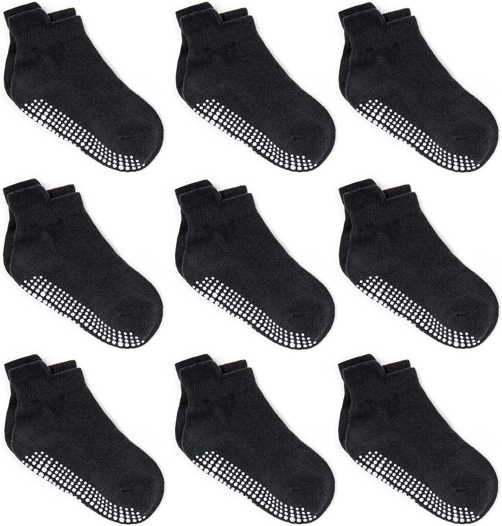 Zaples Baby Non Slip Grip Ankle Socks with Non Skid Soles for Infants Toddlers Kids Boys Girls (4-7 Years, Black - 9 Pairs)