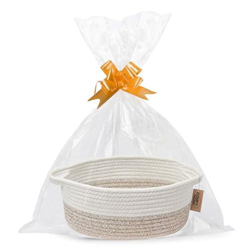 COMFY HOMI Small Woven Baskets with Handles, Gift Bags and Ribbons - Durable Cotton Rope Storage Organizer for Baby Basket, Dog Toy Basket Box, Gift Baskets Empty, Mother’s Day-12x8x5 Inch, Whitebrown