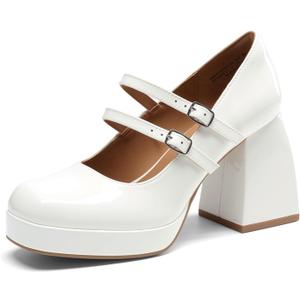 DREAM PAIRS Women's Platform Mary Jane High Chunky Closed Toe Heels Block Square Toe Double Strap Dress Pumps Fashion Party Y2K Shoes (7, White-pat)