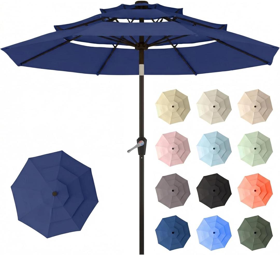 10ft Patio Umbrella, 3 Tier Outdoor Market Table Umbrellas with 8 Fiberglass Ribs and Push Button Tilt, Windproof, Vented Canopy, UV Protection for Deck, Pool, Backyard