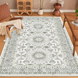 Washable Rugs 6x9 Area Rugs for Living Room Clearance Bedroom Rug Under Bed Moroccan Non Slip 8x10 Tribal Rug Beige and Green Geometric Dining Room