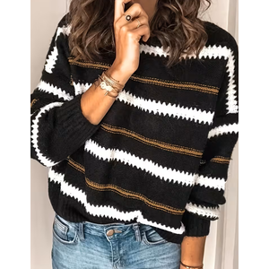 Libsorge Womens Oversized Cute Striped Sweaters for Women Fall Winter 2025 Trendy Outfits Ladies Dressy Casual Chunky Knit Cozy Color Block Crew Neck Long Sleeve Sweater Pullover Jumper Top Black S