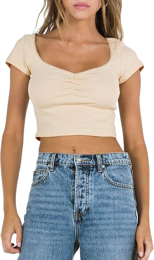 Women Sexy Crop Tops Short Sleeve Lace Trim Low Cut V-Neck Tops Slim Fit Ruched 90s Y2K T-Shirts E-Girls Tee Top (Apricot, Size Small)