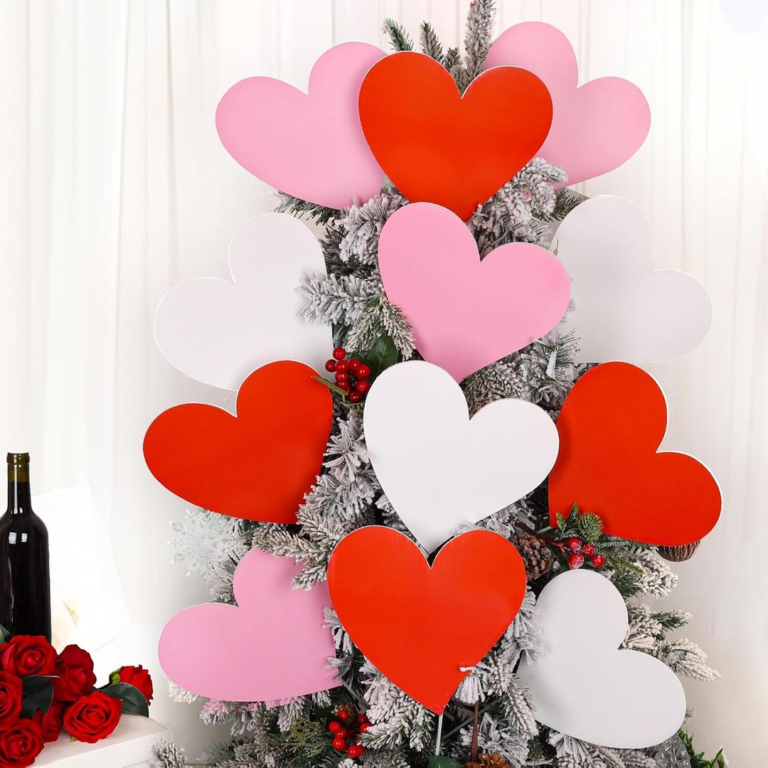 FOIMAS 12pcs Valentine's Day Decorations Tree Picks Extra Large Red Pink White Heart Valentine Trees Ornaments, Heart Tree Picks for Valentine Trees Topper Wedding Party Vase Pathway Walkway Decor