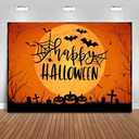 Mocsicka Happy Halloween Backdrop Orange Night Moon Graveyard Background Spooky Pumpkin Spider Web Halloween Party Cake Table Decoration Banner Photo Booth Props (8x6ft)