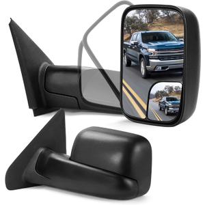 PZ Tow Mirrors Compatible with Dodge 02-08 Ram 1500, 03-09 Ram 2500 3500
Driver Passenger Side Pair Set, Manual Flip-Up Folding Towing Mirrors, Black