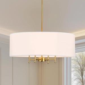 20" Gold Drum Chandelier, 4-Light Modern Farmhouse Pendant Light Fixture with White Fabric Shade, Adjustable Hanging Height Chandeliers for Dining Room, Living Room, Bedroom, Entryway, Kitchen