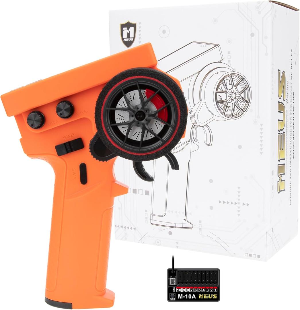 MEUS RACING ME-10B RC Transmitter 10 Channels 2.4GHz and Receiver with Coach Mode for 1/8 1/10 1/18 1/24 RC Crawler Car Boat TRX4 TRX4M SCX10 SCX24 Upgrades Parts (Orange)