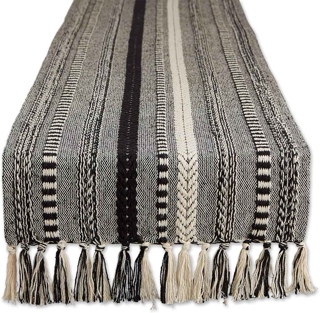 DII Farmhouse Braided Stripe Table Runner Collection, 15x72 (15x77, Fringe Included), Black
