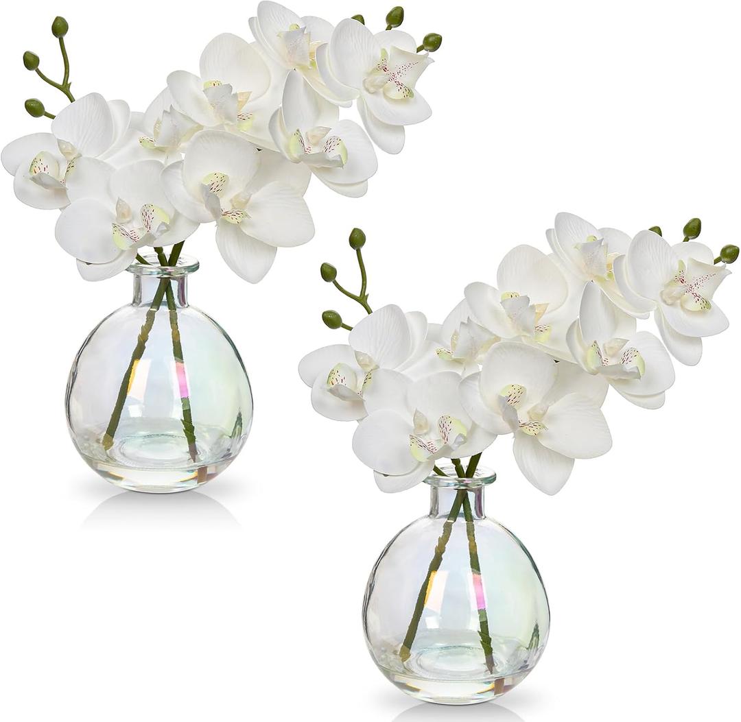 White Orchids Artificial Flowers Faux Orchid Arrangement with Iridescent Glass Vase Set of 2 Real Touch Phalaenopsis Orchid Flowers Orchids Centerpiece for Dining Room Table