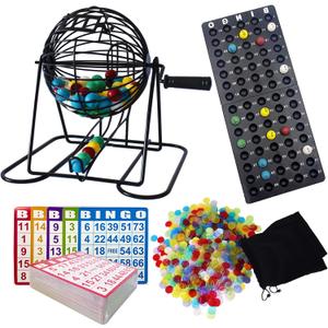 Yuanhe Deluxe Bingo Game Set - Metal Round Cage, 75 Colored Bingo Balls, 100 Bingo Cards, 500 Mixed Chips and Master Board for Large Groups, Parties