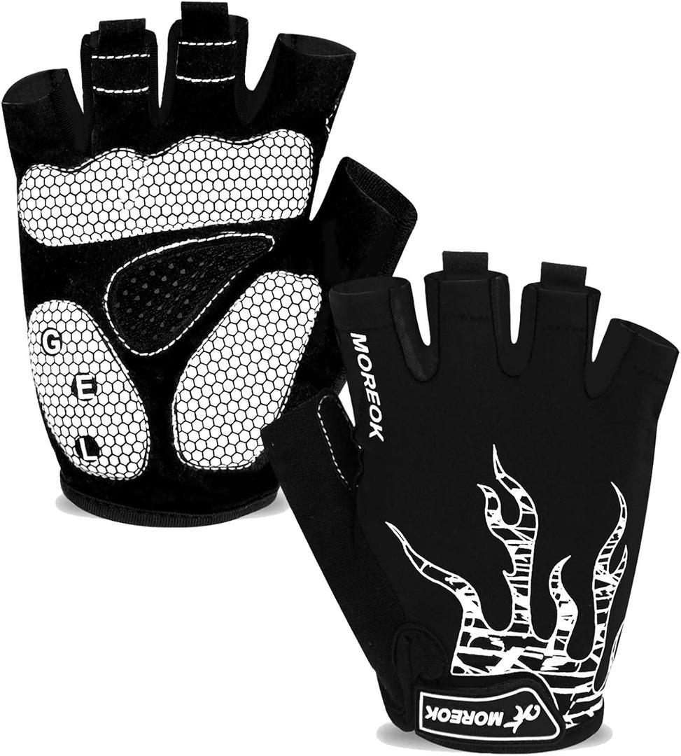 MOREOK Mens Cycling Gloves, Half Finger Biking Glove MTB DH Road Bicycle Gloves Gel Pad Shock-Absorbing Anti-Slip Breathable Motorcycle Mountain Bike Gloves Unisex Women AK050 White-L